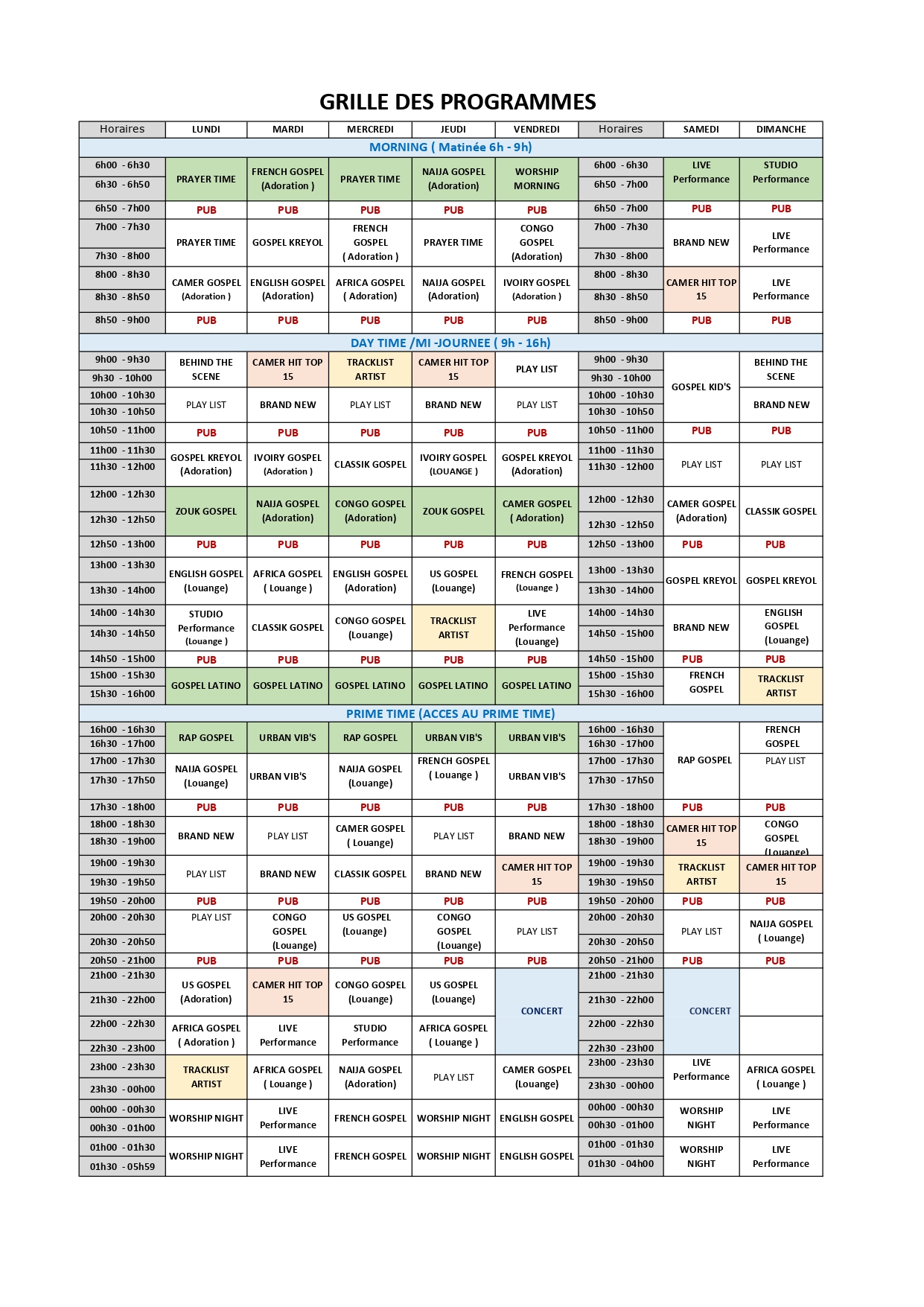 Grille des programmes Goshen télévision